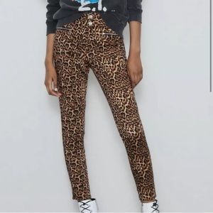 Zara Brown Leopard Print Mid Rise Zipper Pockets Pants